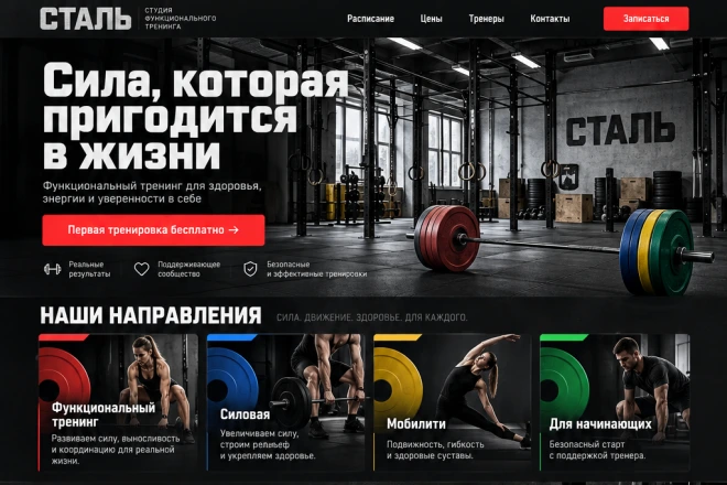 Главный экран сайта: Фитнес-клуб «СТАЛЬ»